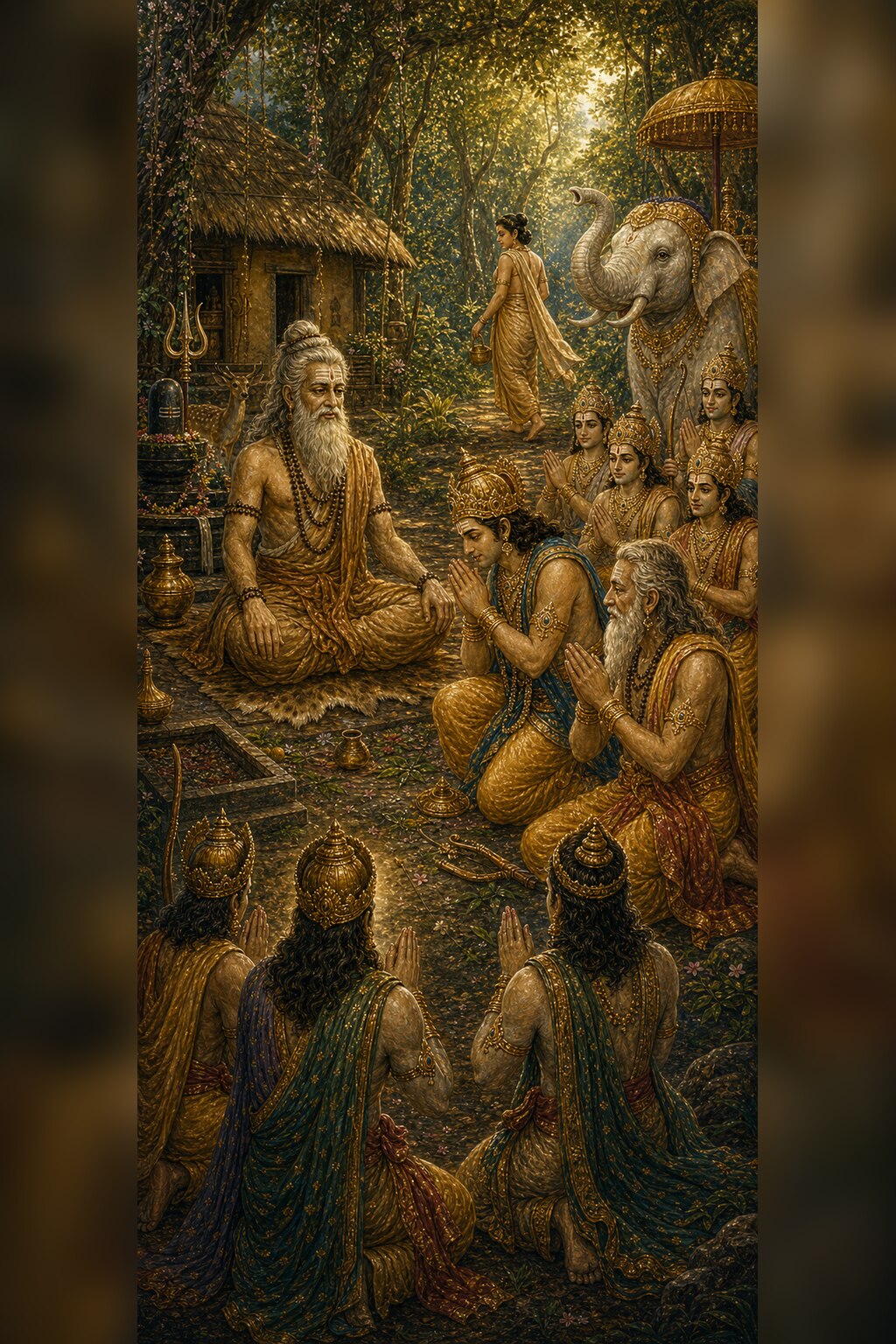 The sage Dadhichi sits on his seat in his forest ashram; before him the crowned Indra, the gods' preceptor Brihaspati, and the other gods fold their hands and beg him for his bones, while behind him his wife Suvarcha, carrying a water pot, is seen slipping quietly toward the inner forest.