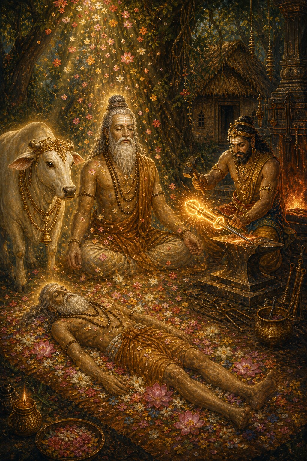 The sage Dadhichi sits absorbed in yoga, meditating on Shiva; flowers rain from above; on the left stands the divine cow Surabhi; below, the sage's abandoned, peaceful body lies on flowers; and on the right Vishvakarma, beside a blazing fire, forges the gleaming vajra on an anvil.