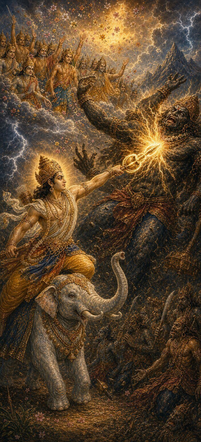 तेजसे दमकते इन्द्र ऐरावत हाथीपर सवार होकर चमचमाता वज्र फेंकते हैं जो पर्वतसे मस्तकवाले वृत्रासुरपर प्रकाशकी लपटके साथ टकराता है, ऊपर देवता हाथ उठाकर हर्ष मनाते और पुष्प बरसाते हैं, नीचे असुरसेना तलवारें लिये खड़ी है।