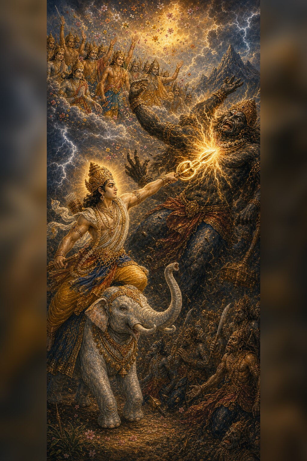 Indra, blazing with radiance, rides the elephant Airavata and hurls the glittering vajra, which strikes the mountain-headed Vritrasura in a flare of light; above, the gods raise their hands in joy and shower flowers; below stands the demon army with drawn swords.