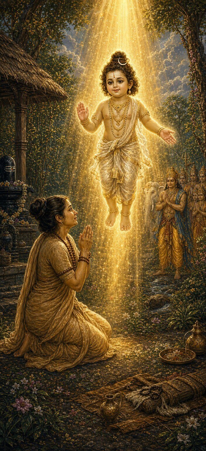 सुनहरी प्रकाशकिरणोंके बीच शिशुरूप तेजस्वी पिप्पलाद हाथ उठाये आशीर्वादकी मुद्रामें विराजते हैं, उनकी जटामें चन्द्रकला है, नीचे माता सुवर्चा घुटनोंके बल हाथ जोड़कर विस्मय और भक्तिसे उन्हें निहारती हैं, और दायीं ओर इन्द्र तथा देवता प्रणाम करते खड़े हैं।