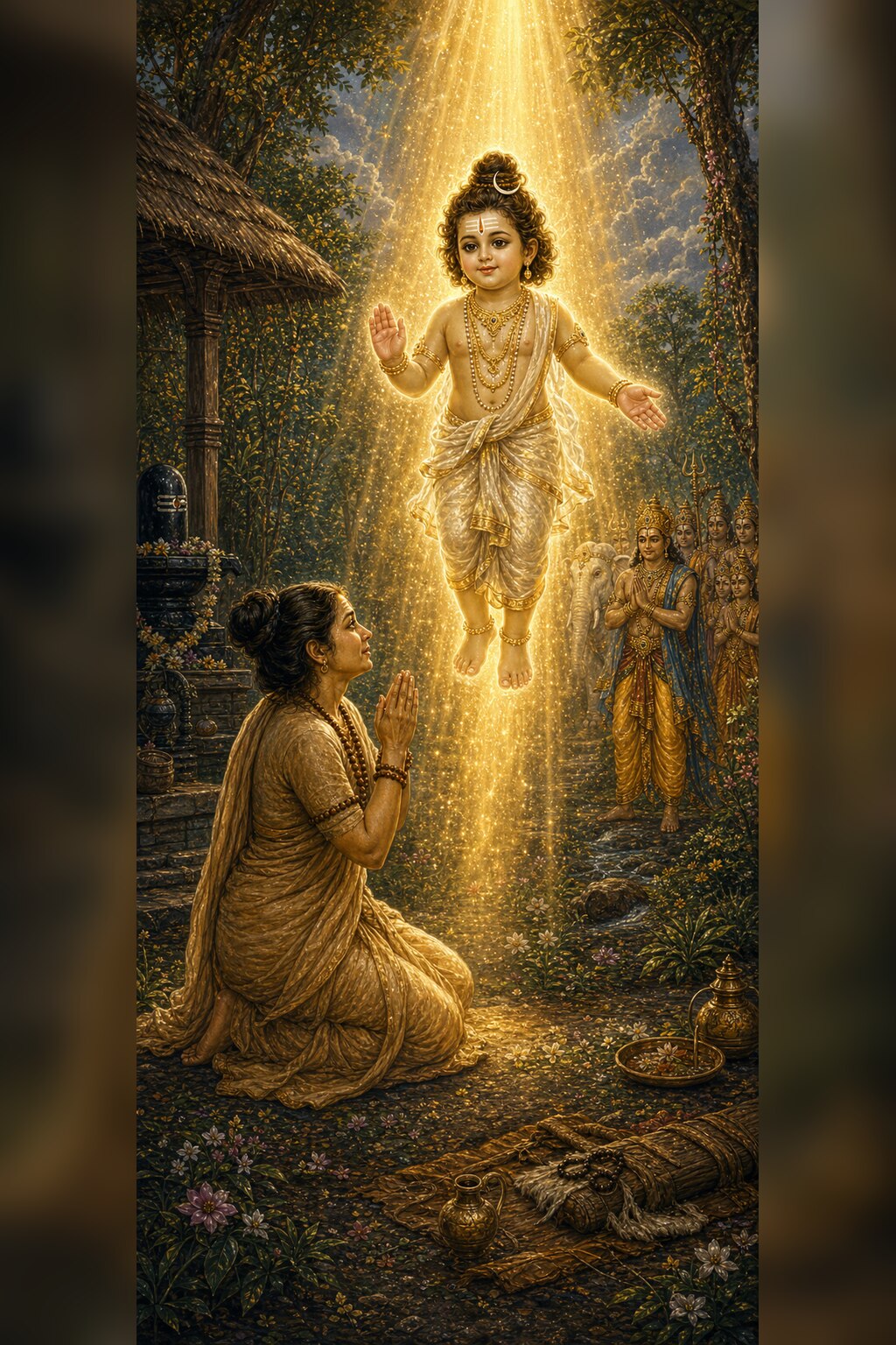 Amid golden rays of light the radiant infant Pippalada sits with a hand raised in the gesture of blessing, a crescent moon set in his matted hair; below, the mother Suvarcha kneels with folded hands and gazes at him in wonder and devotion; and on the right Indra and the gods stand bowing.