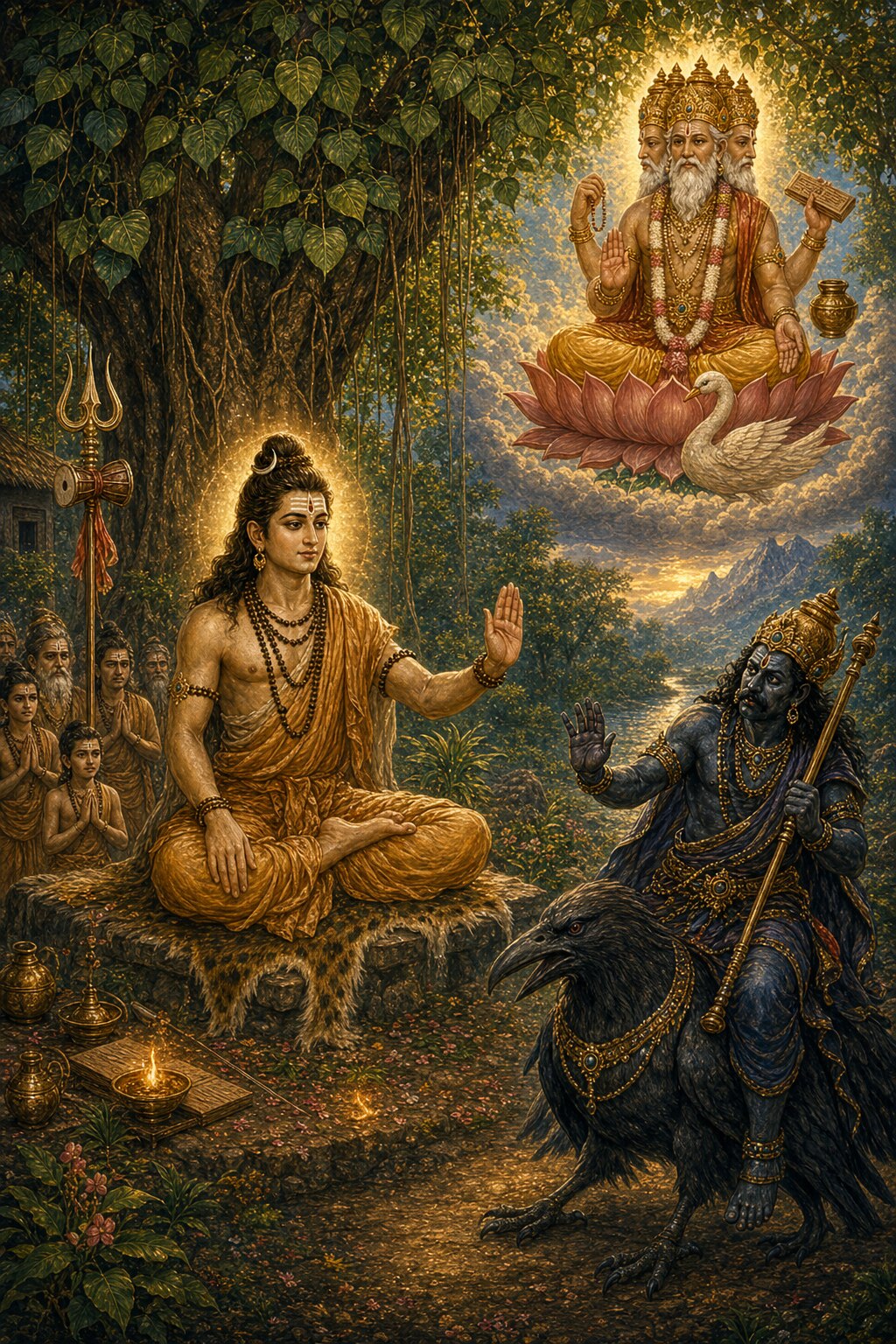 Beneath a huge ashvattha tree the young ascetic Pippalada sits on a tiger skin and raises his right hand to grant the boon of protection; on the right the dark-blue Shani, riding a crow, draws back in fear with his hands raised; above, four-faced Brahma, seated on a lotus, looks on with pleasure; and on the left devotees stand with folded hands.