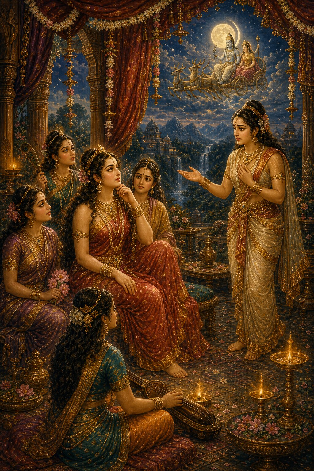 In a fountain-house on Mount Gandhamadana, hung with canopies and flower-garlands, Sati sits among her companions and looks up toward the sky, where the moon-god Chandra rides with Rohini on a chariot drawn by deer; to the right her friend Vijaya has returned and tells her the news of the yajna, and all around the golden flames of lamps glimmer.