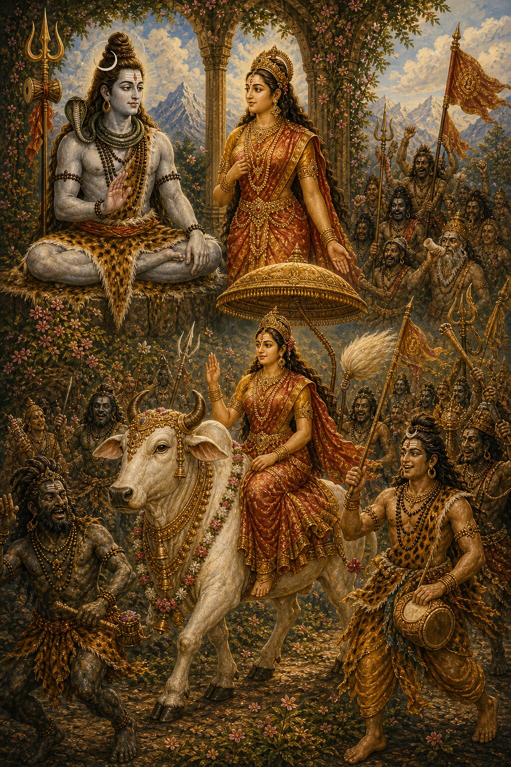 At the upper left, Shiva, seated on a tiger skin, raises his hand to stop Sati from going, and below, Sati herself, mounted on the adorned white bull Nandi, rides beneath a golden parasol with her hand raised, while all around the Rudra hosts, bearing tridents and banners, leap and beat their damarus and cry out in triumph.