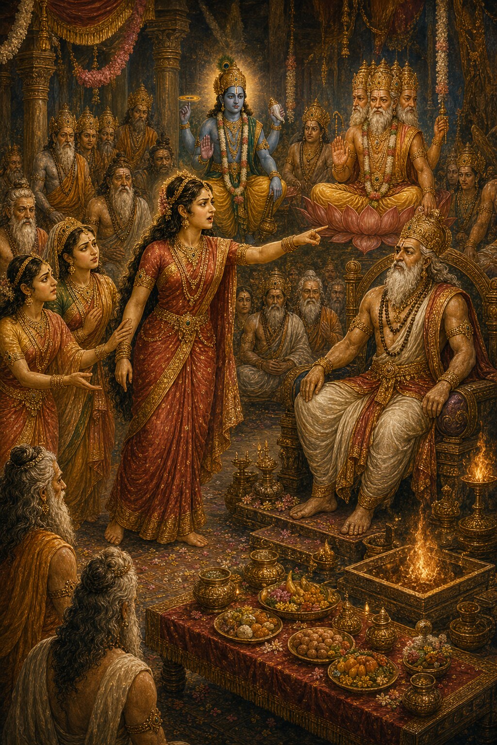 In the yajna hall, Sati stands alone and, raising a finger toward her silent father Daksha seated on his throne, reviles him with fierce anger; to the left her mother Asikni and her sisters, distraught, reach out to touch her; behind them the blue four-armed Vishnu and the four-faced Brahma on a lotus sit silent; and in front are set the yajna platters and the fire pit.