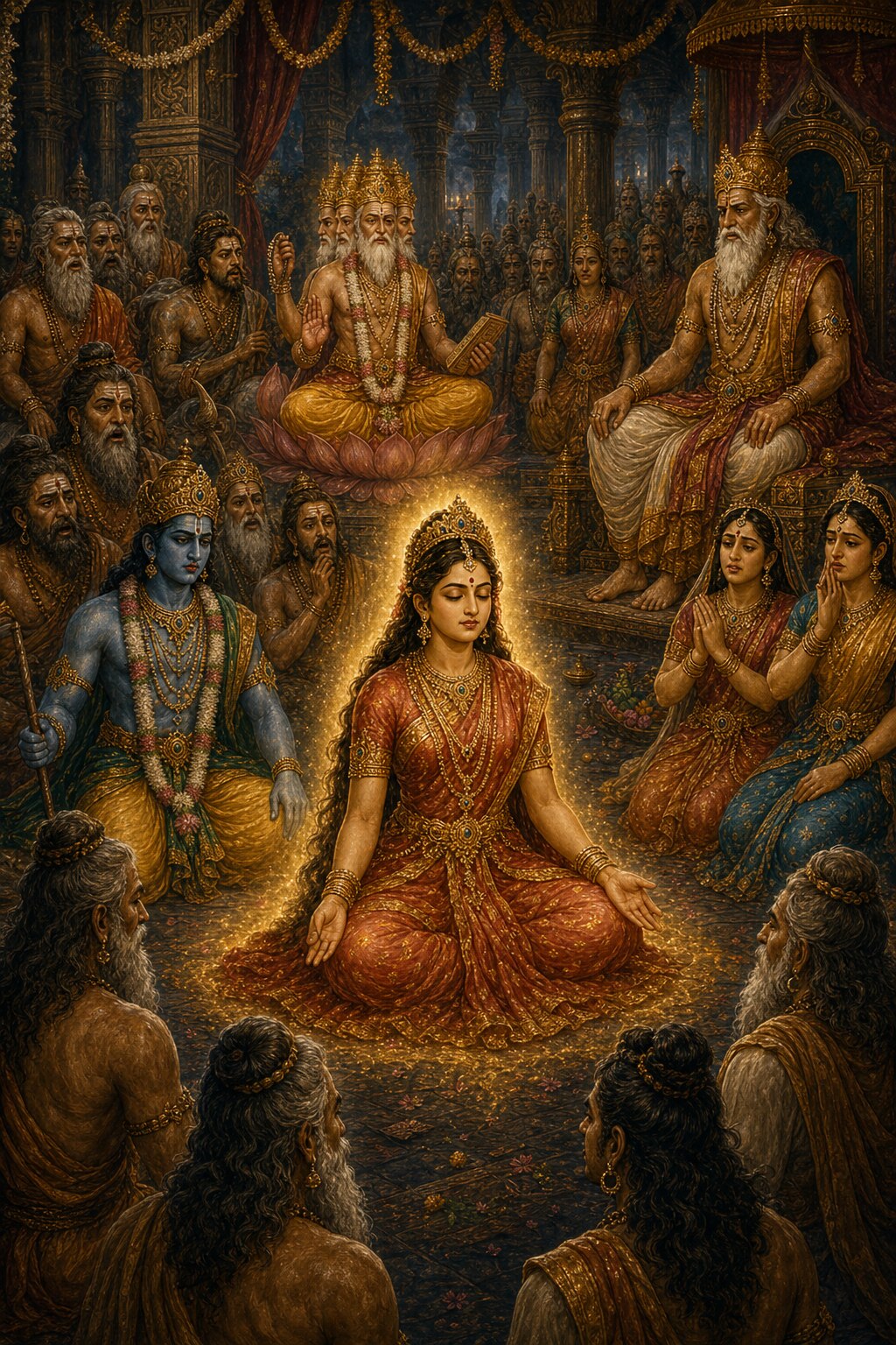 Sati sits calm on the ground in the lotus posture with her eyes closed; around her whole body spreads the soft golden light of the fire of yoga risen from within; to the left the blue Vishnu and above the four-faced Brahma, to the right stunned women and all around seated rishis look on, amazed and crying out in grief.