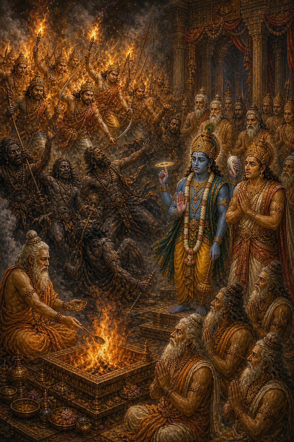 At the left, the sage Bhrigu, seated by the southern fire, pours an oblation with the sruva ladle, from which thousands of Ribhu hero-gods, bearing burning brands, appear and drive back the dark-hued Rudra hosts; at the right the blue four-armed Vishnu stands holding his discus and mace, to whom the frightened rishis and gods pray with folded hands; all around, smoke and the glow of embers hang in the air.
