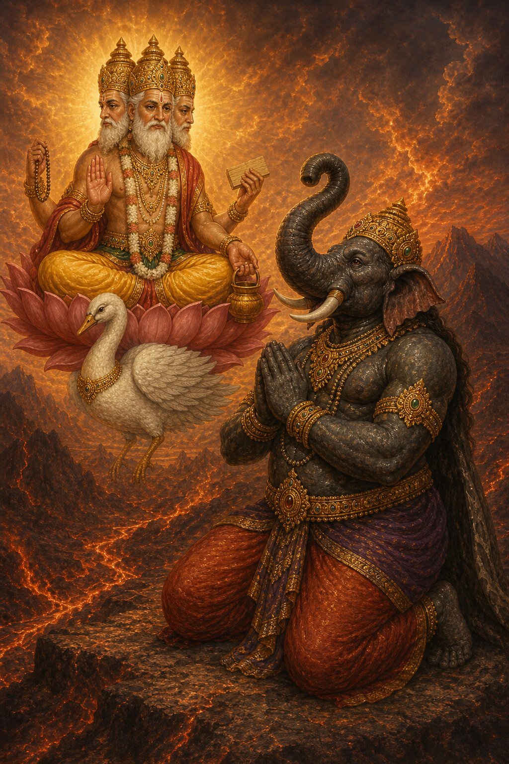 Three-faced Brahma, seated on a lotus and appearing with his swan, grants a boon to the elephant-faced Gajasura, who kneels with his palms joined; all around are rocks glowing like lava.