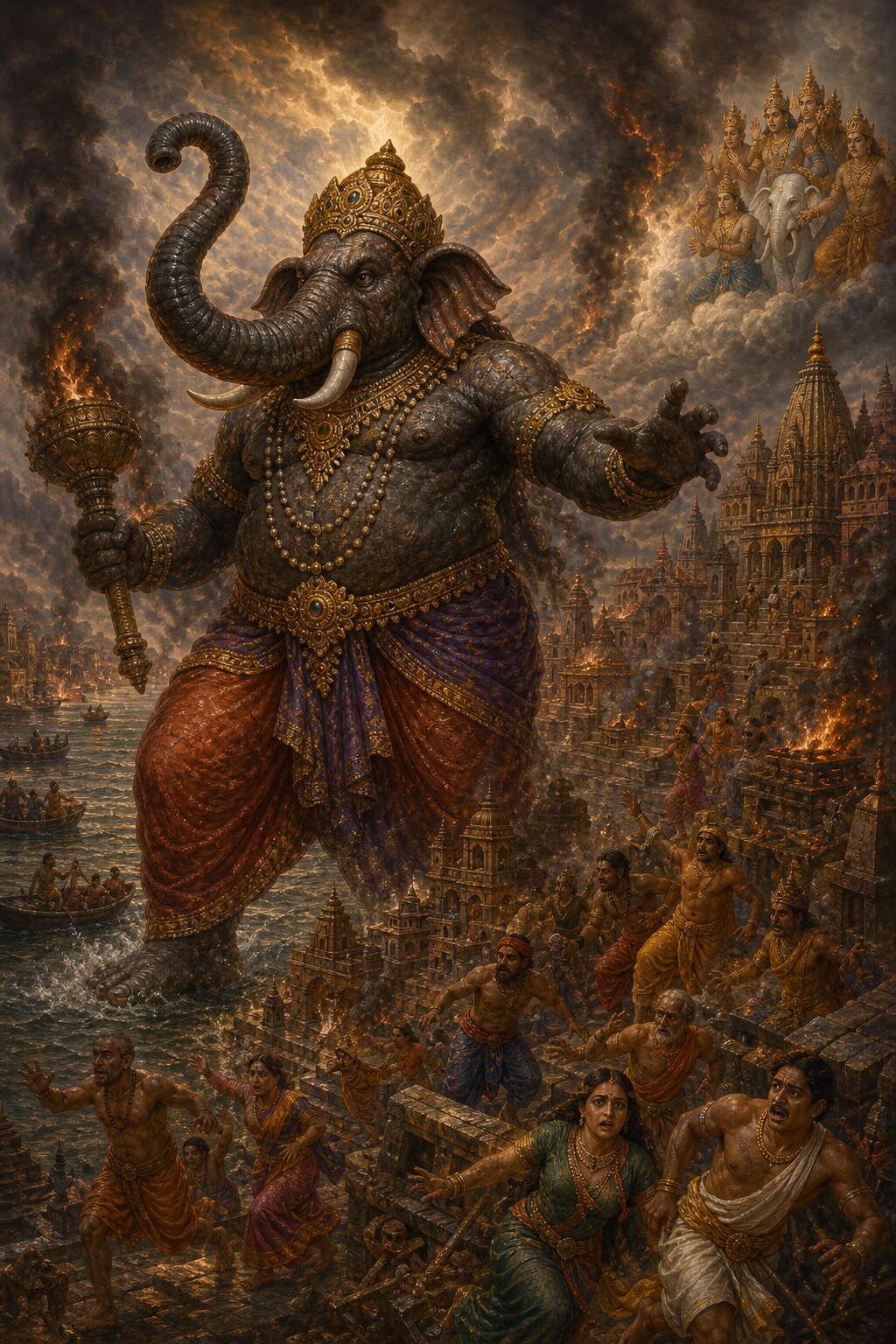 The giant Gajasura, wearing a crown and holding a burning mace, is trampling the city of Kashi; temples blaze, men and women flee in terror, and above, in the clouds, the gods along with Airavata watch this calamity.