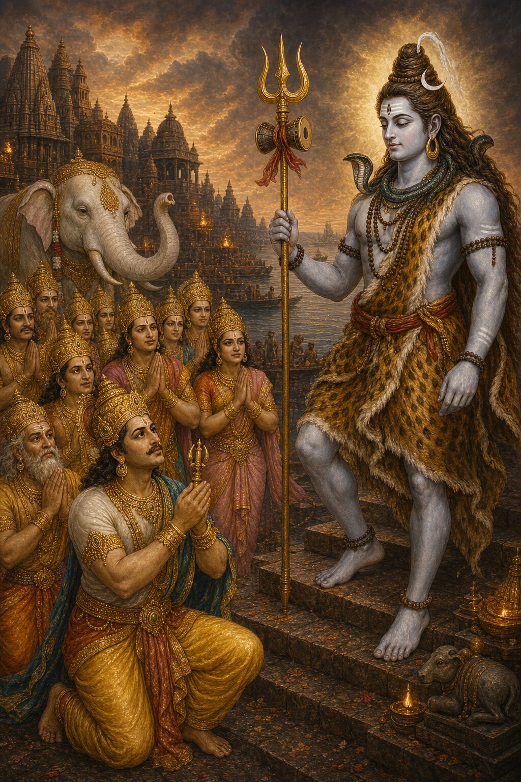 On a ghat of Kashi stands Shiva bearing the trident, a serpent at his throat and Nandi at his feet; before him the crowned Indra and the other gods and goddesses, with Airavata behind them, stand with folded hands, praying for protection from Gajasura's tyranny.