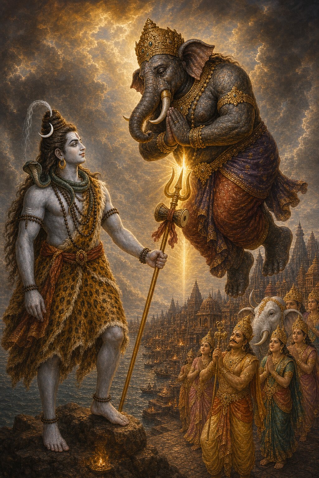 Shiva stands on a rock holding the trident, and the elephant-faced Gajasura, pierced on its point, raises his joined hands in the sky and sings Shiva's praise; below, to the right, the gods, goddesses, and Airavata watch the scene.