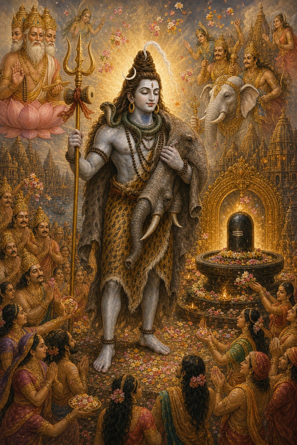 Shiva stands holding the trident, the elephant-hide of Gajasura draped over his limbs; nearby is a Shiva-linga (Krittivaseshwara) adorned with flowers, worshipped by devotees with folded hands; above are Brahma, the gods along with Airavata, and apsaras raining down flowers.