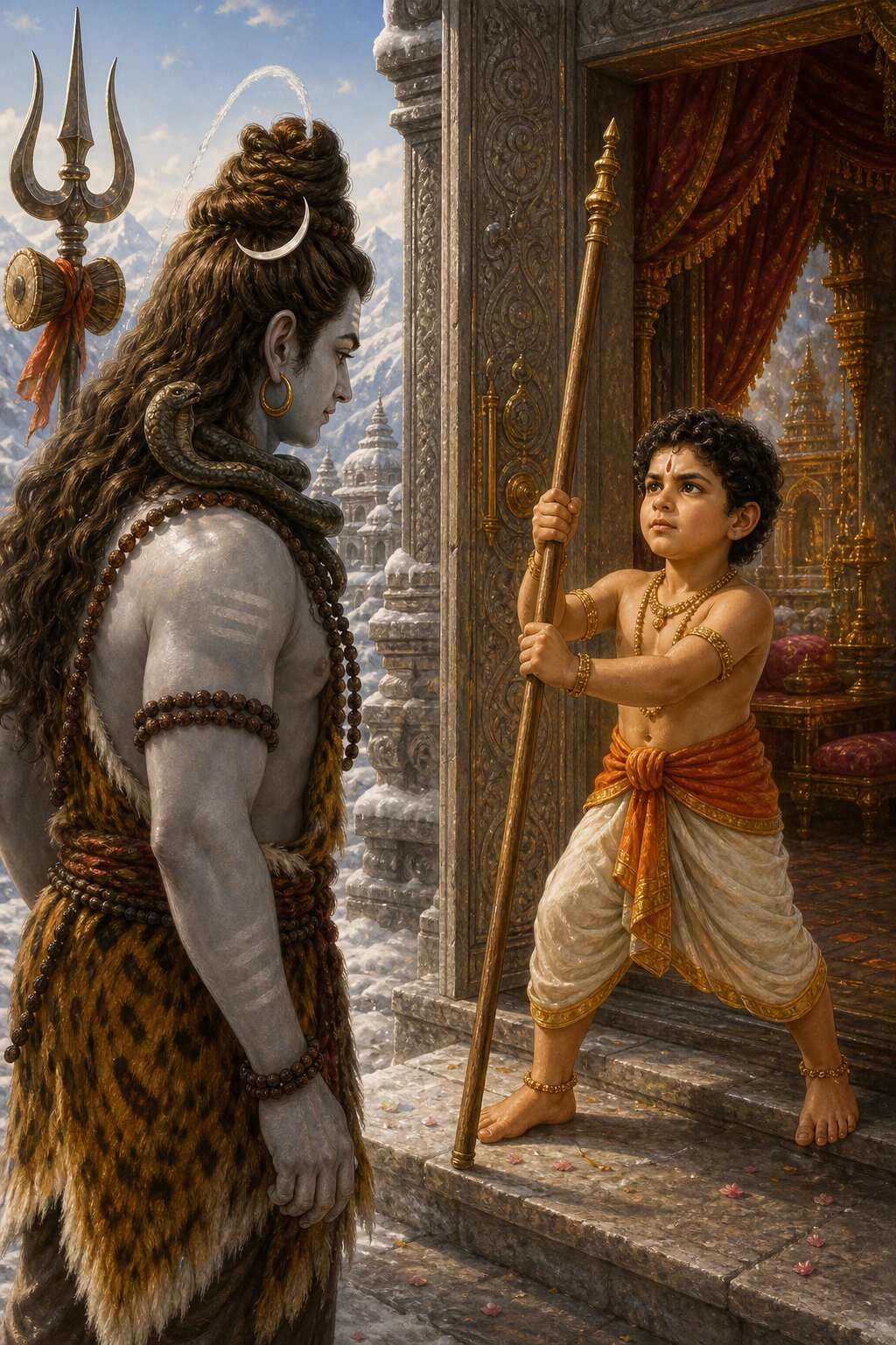 Trident-bearing Shiva, a serpent at his throat and a tiger skin about him, stands at the palace door; before him the doorkeeper, a boy with curly hair, braces his staff across the way and blocks him from going in.