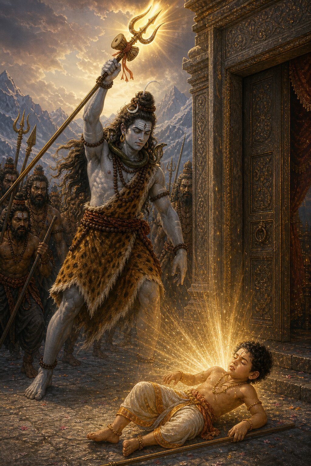 An enraged Shiva holds his blazing trident aloft, and near the door the boy has fallen to the ground, light spilling from his severed neck; behind him stand Shiva's ganas bearing spears and tridents.