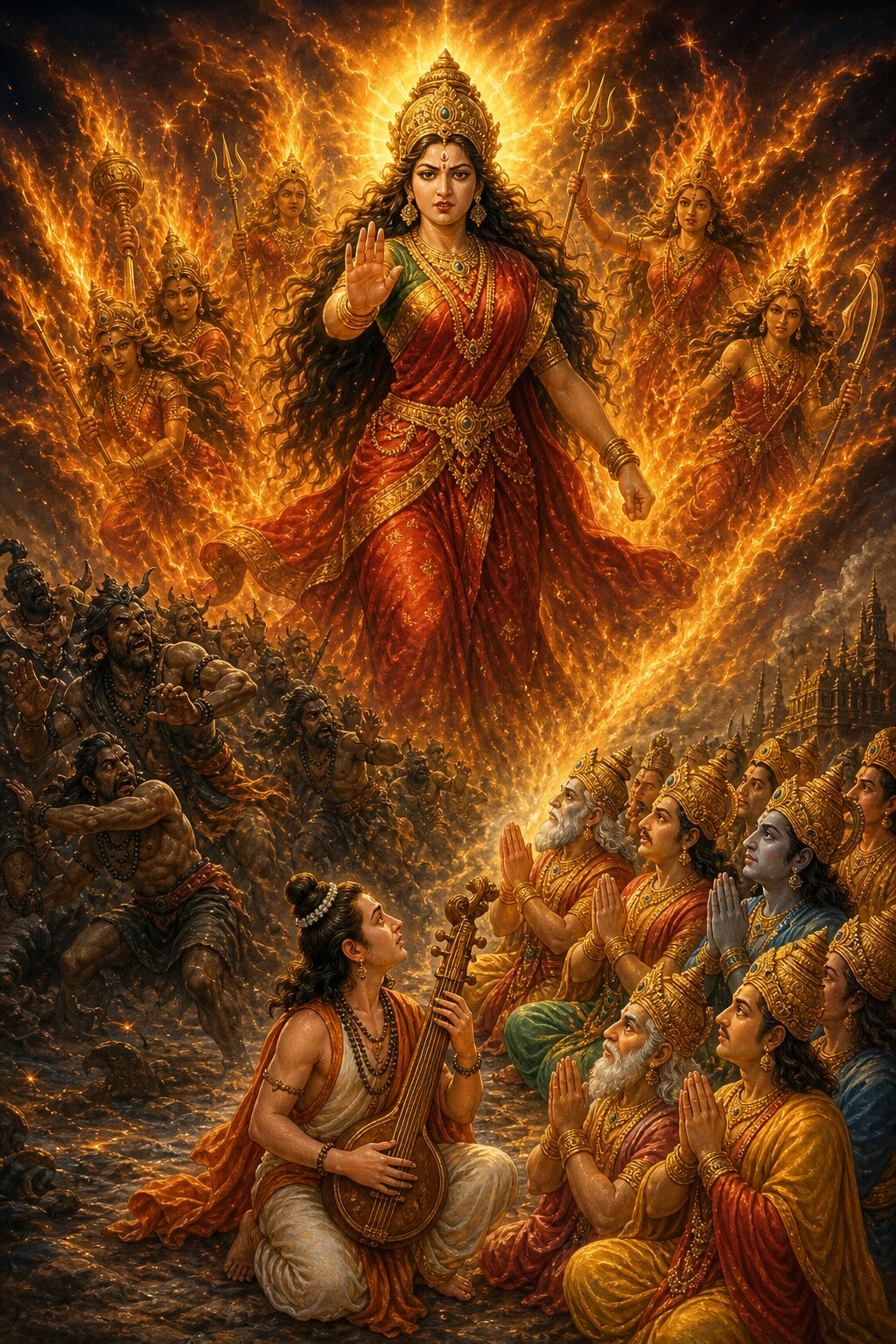 Parvati, ablaze with anger and robed in red, stands amid flames with her arms raised, and the many weapon-bearing shaktis born from her wreak havoc; on the left the ganas flee, while on the right the vina-bearing Narada and gods such as Brahma pray with folded hands.