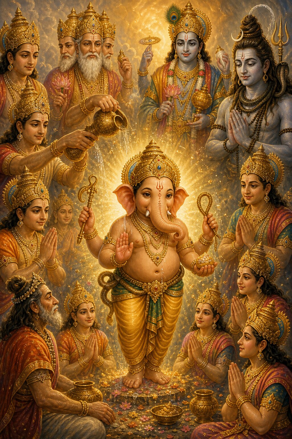 The revived boy, now bearing an elephant's face, stands in the center holding a goad, a noose, and a modak in his four arms; a god anoints him from a golden pot, and all around stand Brahma, Vishnu, Shiva with folded hands, and the host of gods.