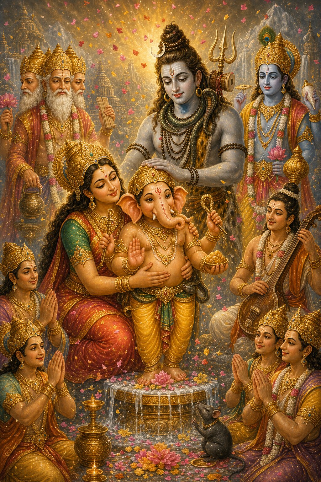 The child Gajanana stands on a lotus altar holding a modak and a goad; Parvati holds him to her breast, and above, Shiva rests a hand on his head in blessing. Nearby are Vishnu, Brahma, the vina-bearing Narada, and gods with folded hands, with a mouse below and flowers raining down from above.