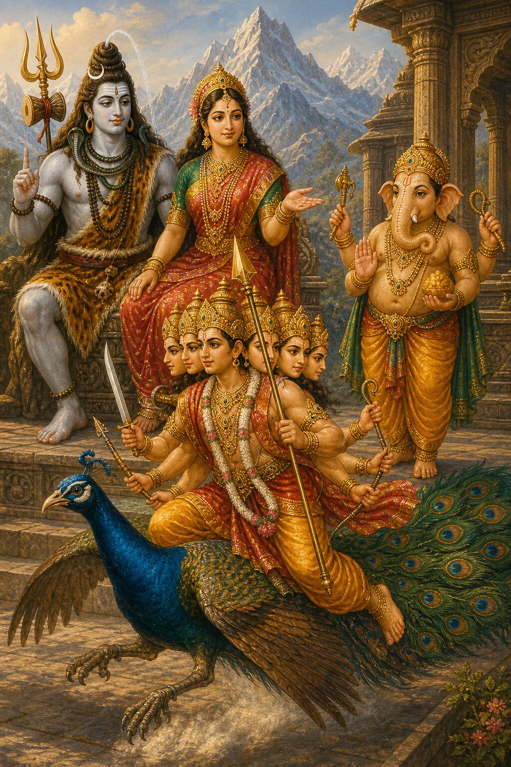 Shiva, one finger raised, explains the condition, and Parvati clarifies it with a gesture of her hand; six-faced Kartikeya, mounted on his peacock and carrying the shakti spear and a bow, has set out to circle the earth, while elephant-faced Ganesha stands off to one side.