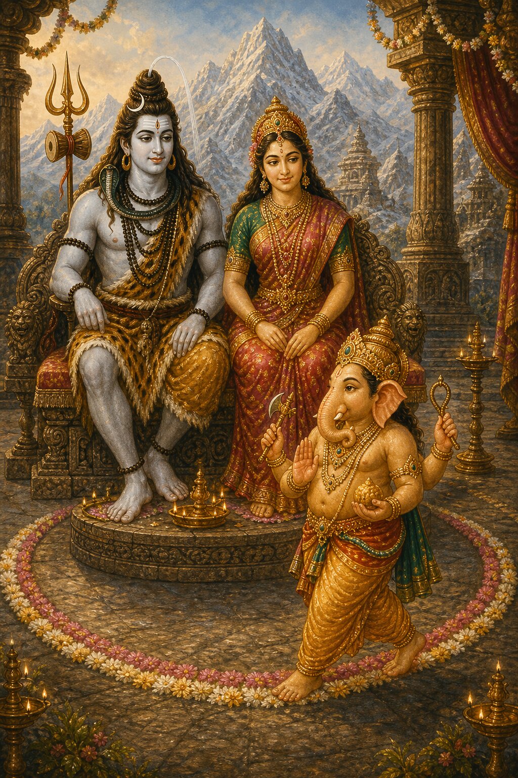 Around Shiva and Parvati, seated on lion-thrones, the child Gajanana, carrying a goad, an axe, and a modak, walks a circle of flowers and makes his clockwise circumambulation of his parents; lamps burn all around.