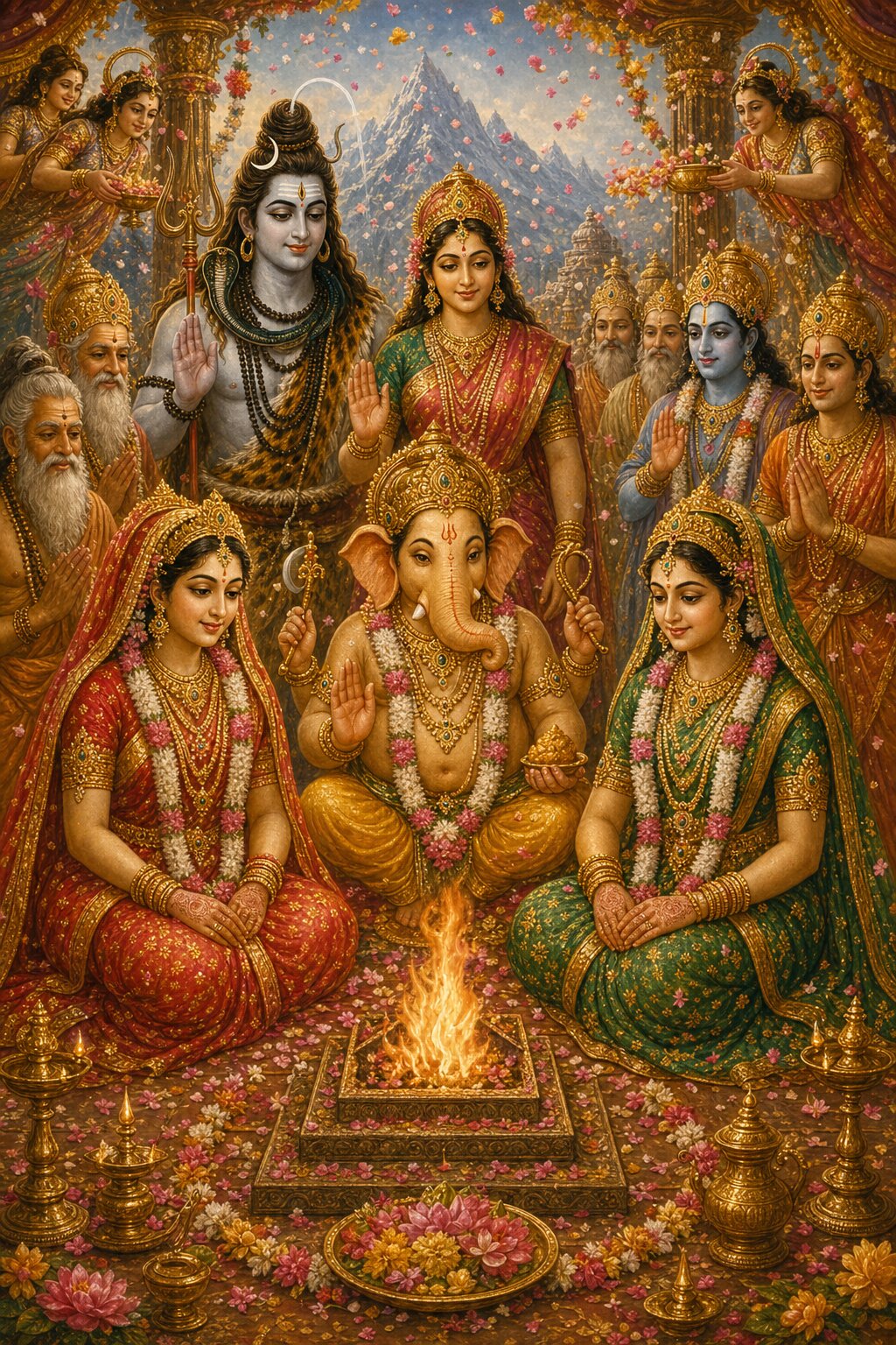 Behind the fire altar Gajanana is seated, and on either side of him sit his two brides, Siddhi and Buddhi; behind them Shiva and Parvati give their blessing, and Brahma, Vishnu, the sages, and the goddesses stand showering flowers.