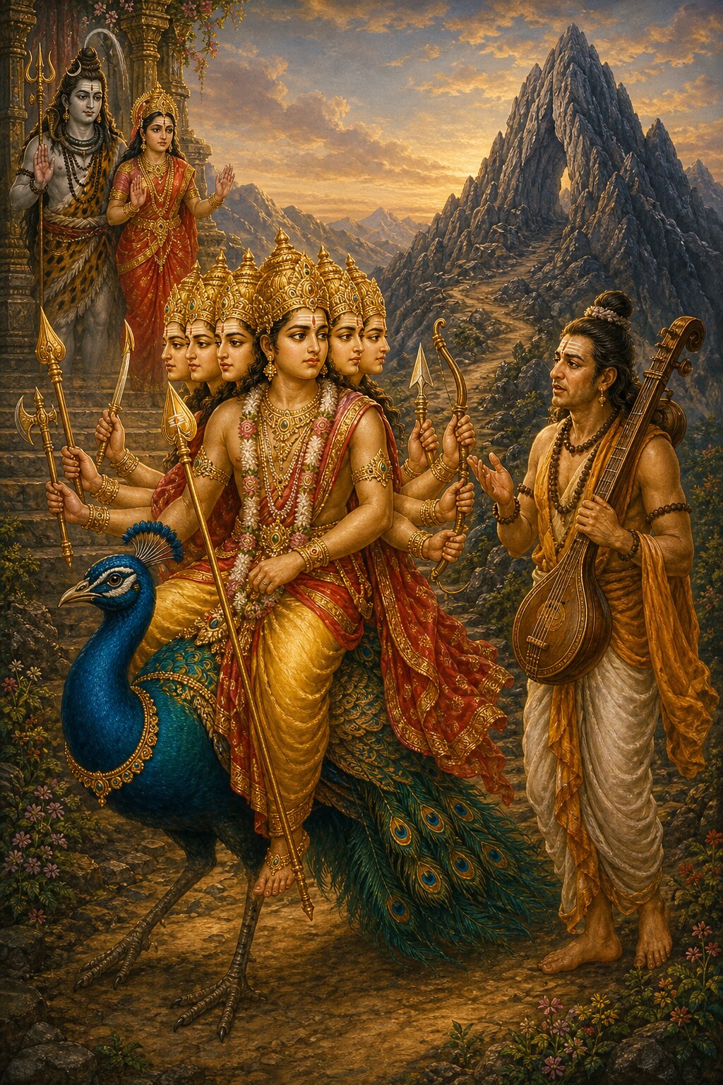 Six-faced Kartikeya, having completed his circling of the earth, rides his peacock along the road to Mount Krauncha, carrying the shakti spear and a bow; before him Narada, holding his vina, is telling him all the news, and behind, in the doorway, Shiva and Parvati stand as if to hold him back.