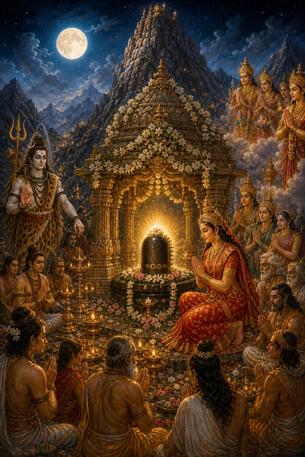 On a moonlit night, in a temple decked with flowers on Mount Krauncha, the Mallikarjuna jyotirlinga stands established; to the left is Shiva, and near the linga sits Parvati in red garments with her palms joined, while all around the gods and sages, lamps lit, bow in reverence.