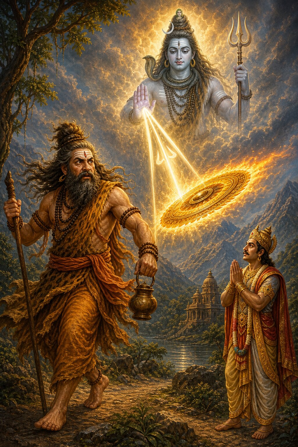 Shiva calms with his radiance the blazing Sudarshana chakra pursuing Durvasa, while Ambarisha stands close by with folded hands.