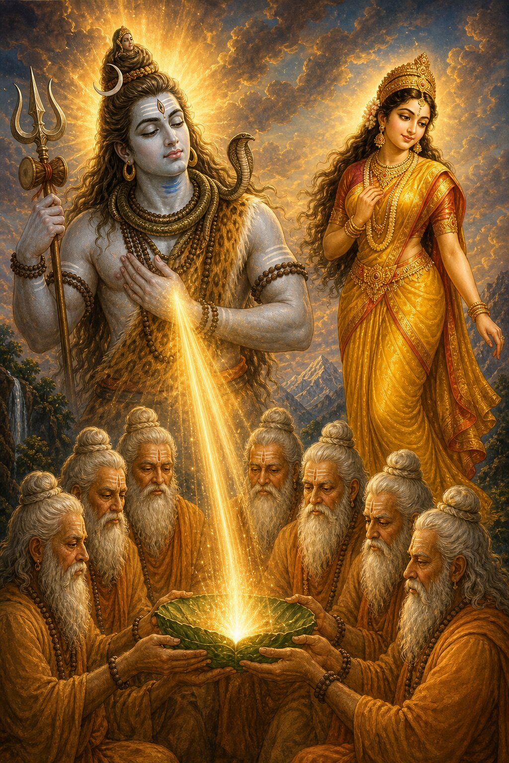 Agitated by the sight of the Mohini form, Shiva's radiant essence streams down, and the seven sages gather it into a cup of leaves.