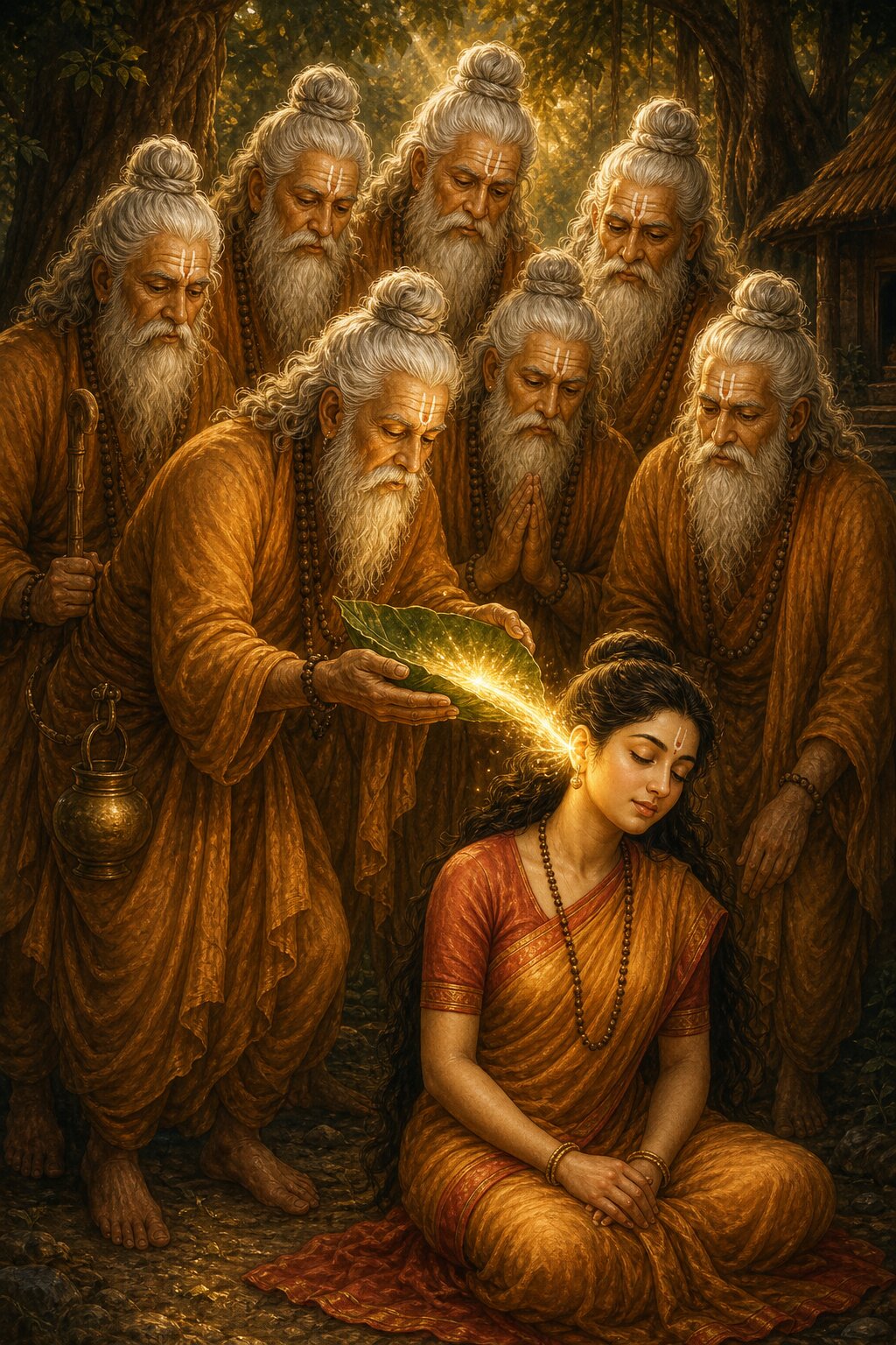 The seven sages place the essence gathered in the leaf into Anjani, absorbed in meditation, through the passage of her ear.
