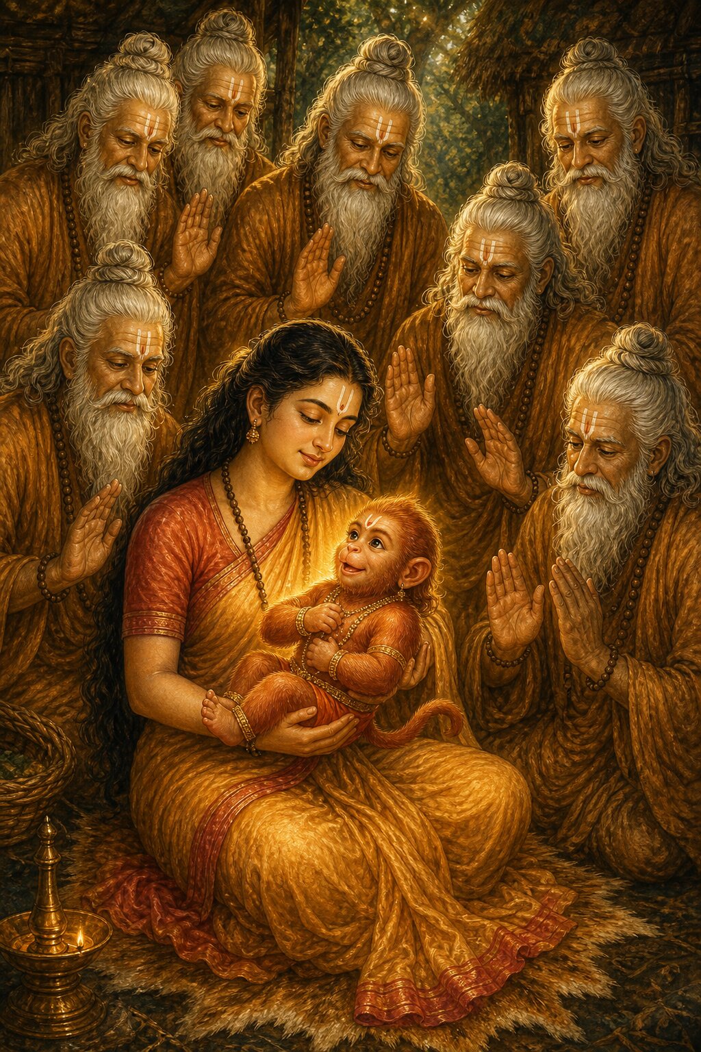 The infant vanara Hanuman sits in Anjani's lap while the seven sages raise their hands to bless him.