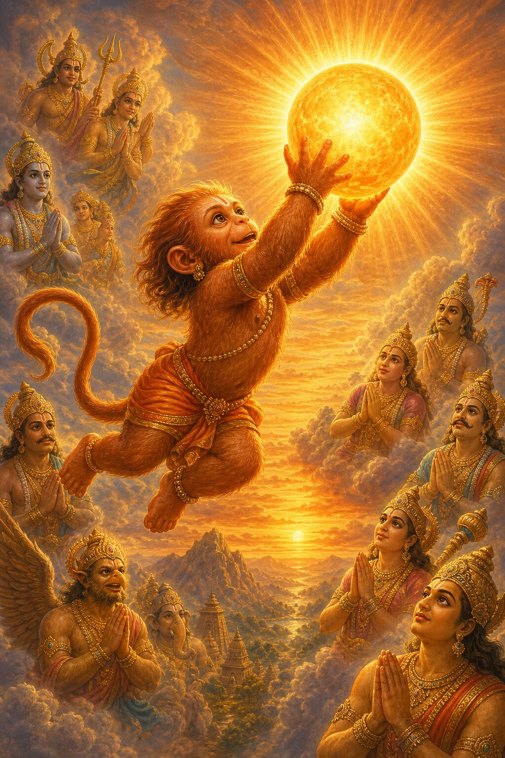 The infant Hanuman leaps into the sky, reaching to seize the rising sun he takes for a fruit, while gods all around watch with folded hands.