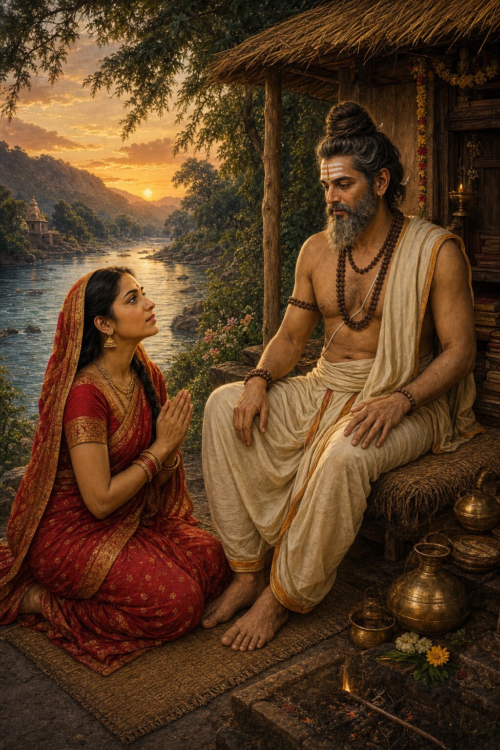 In a hut on the bank of the Narmada, Shuchishmati, hands joined, asks her husband Vishvanara for a son like Mahesha.