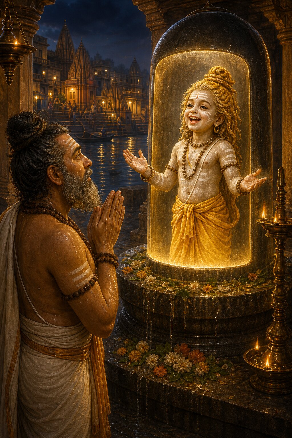 In Varanasi, Vishvanara stands with hands joined as Shiva, in the form of a laughing child smeared with sacred ash, appears within the Viresha linga.