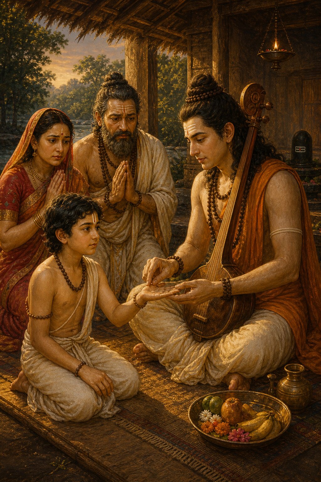 The divine sage Narada reads the palm lines of the boy Grihapati, while his anxious parents sit nearby with hands joined.