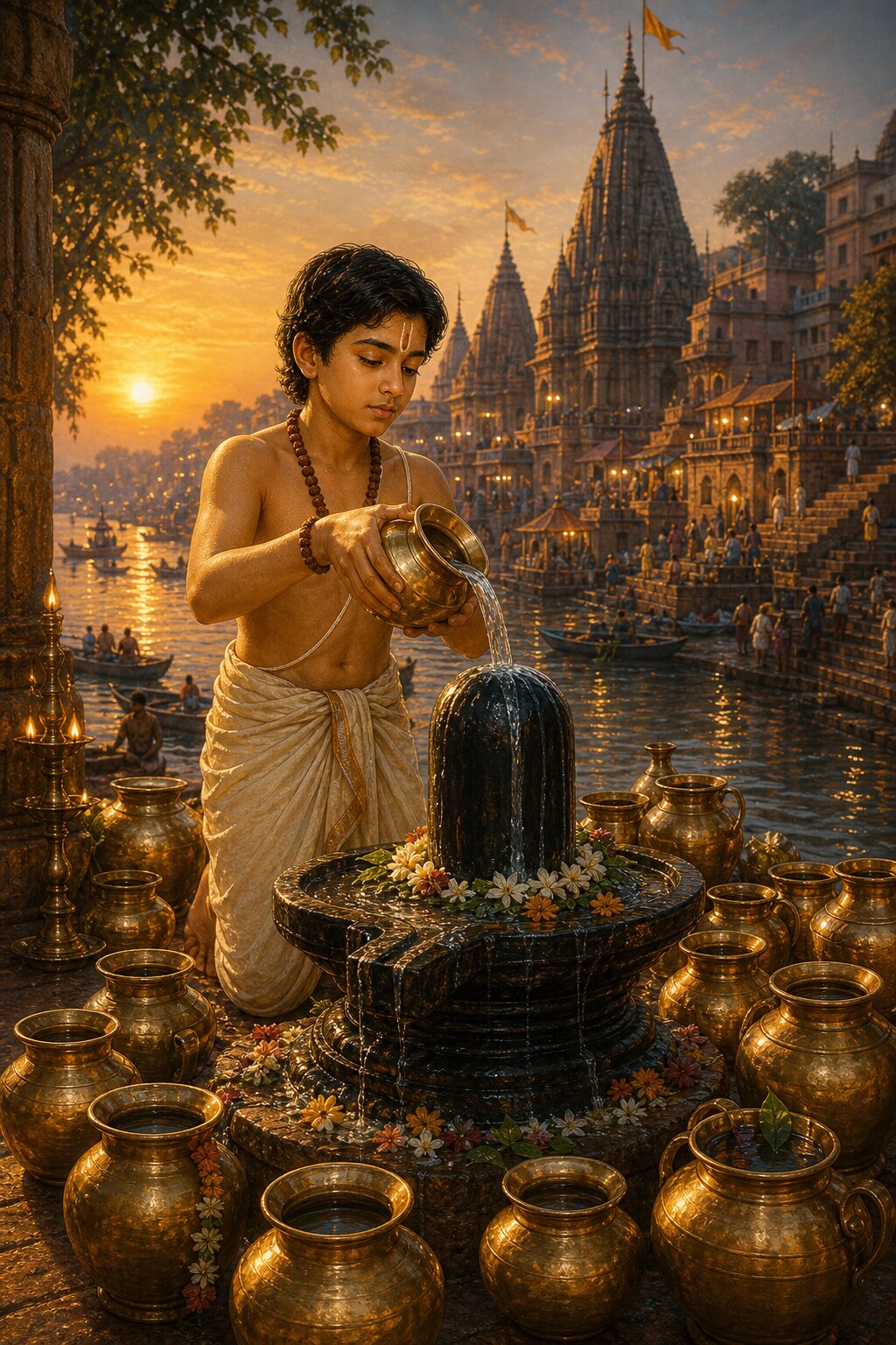 The young Grihapati bathes a shivalinga with one hundred and eight water pots on a ghat of Kashi.