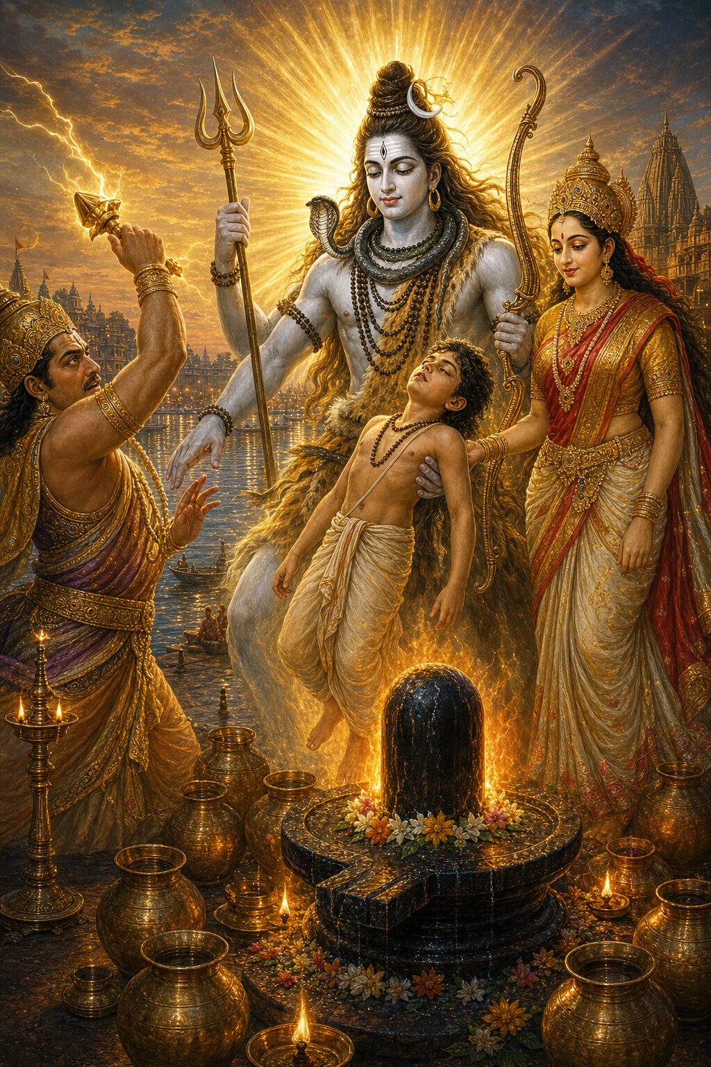 Indra raises his thunderbolt to terrify the fainting Grihapati, when Shiva, together with Gauri, appears and steadies the boy.