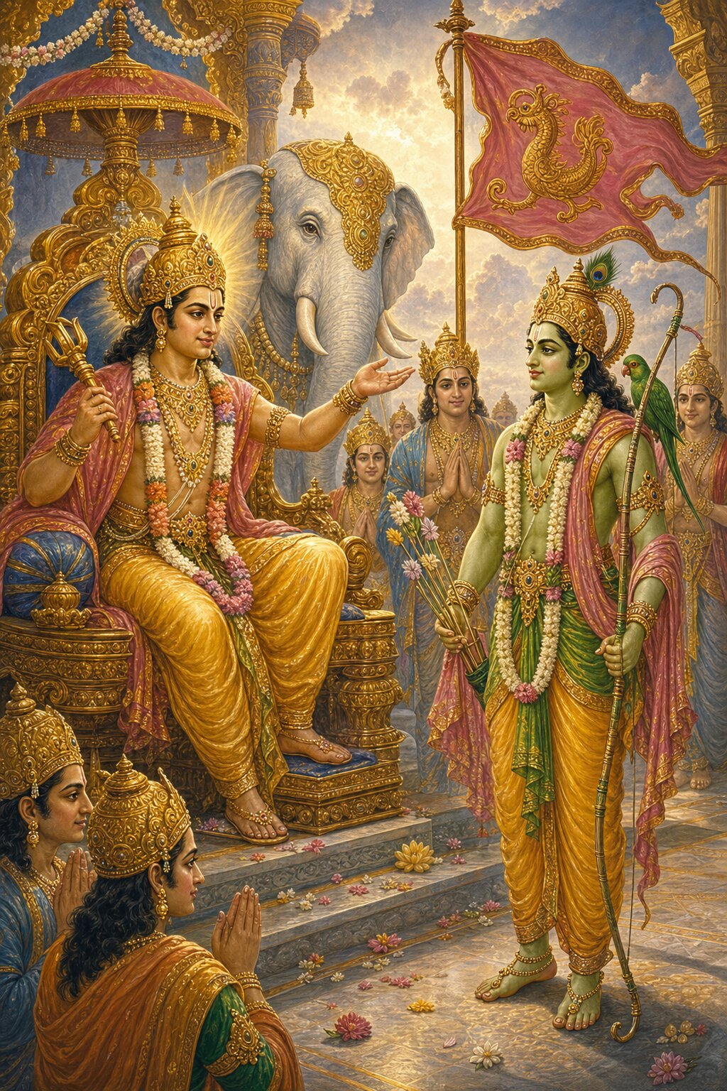Seated on his throne, Indra assigns the flower-bow-bearing Kamadeva the task of breaking Shiva's austerity.