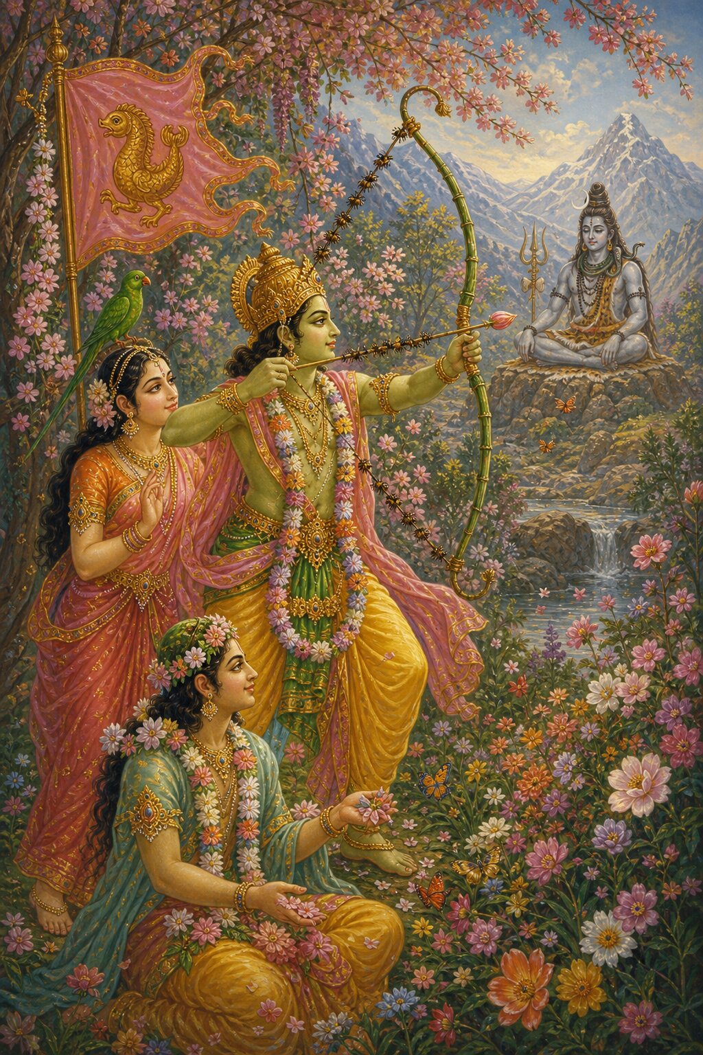 With his wife Rati and Vasanta beside him, Kamadeva draws his flower-bow and aims an arrow at Shiva, seated in meditation on a distant rock.