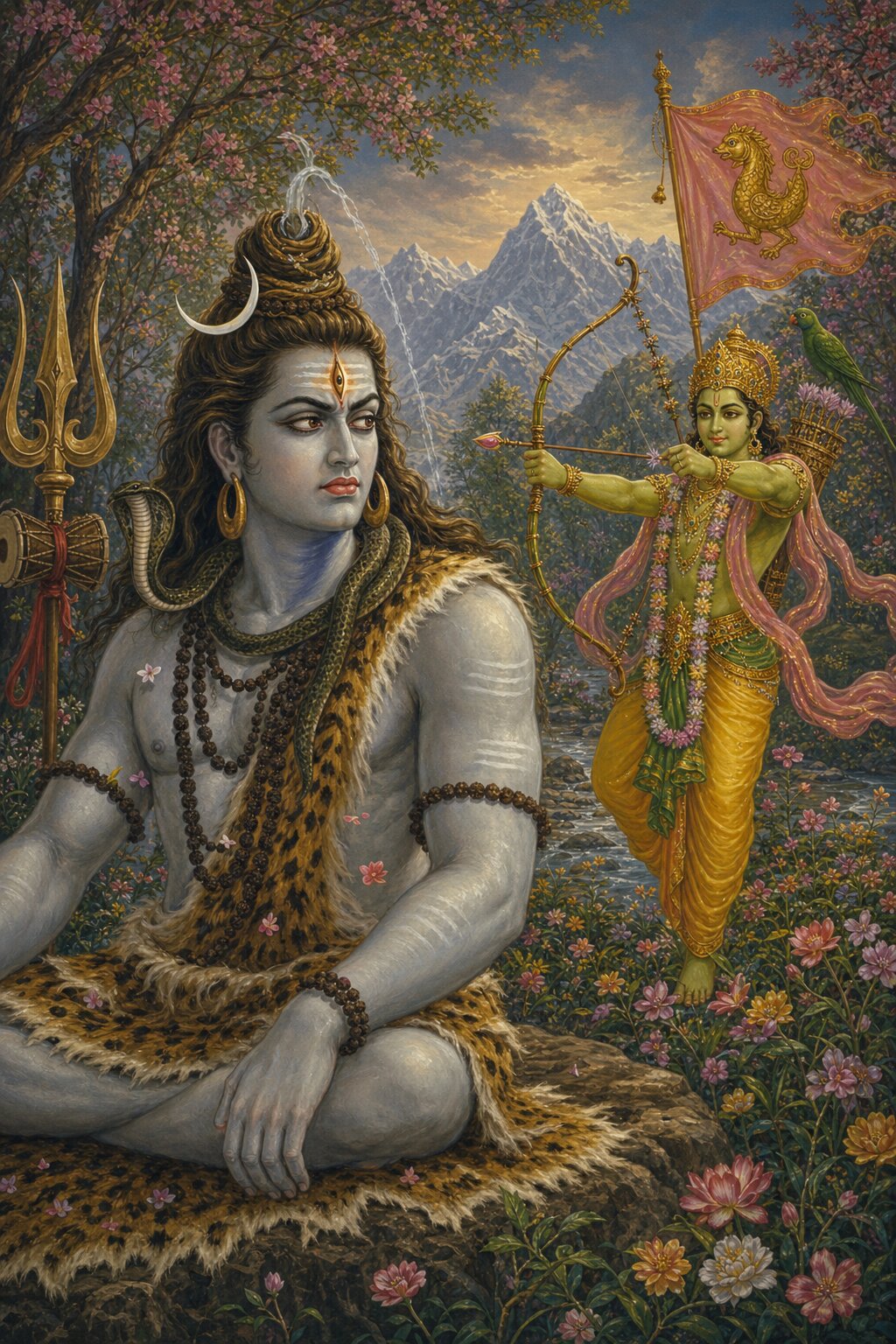 Startled from his meditation, Shiva looks to his left, where Kamadeva stands with another arrow drawn.