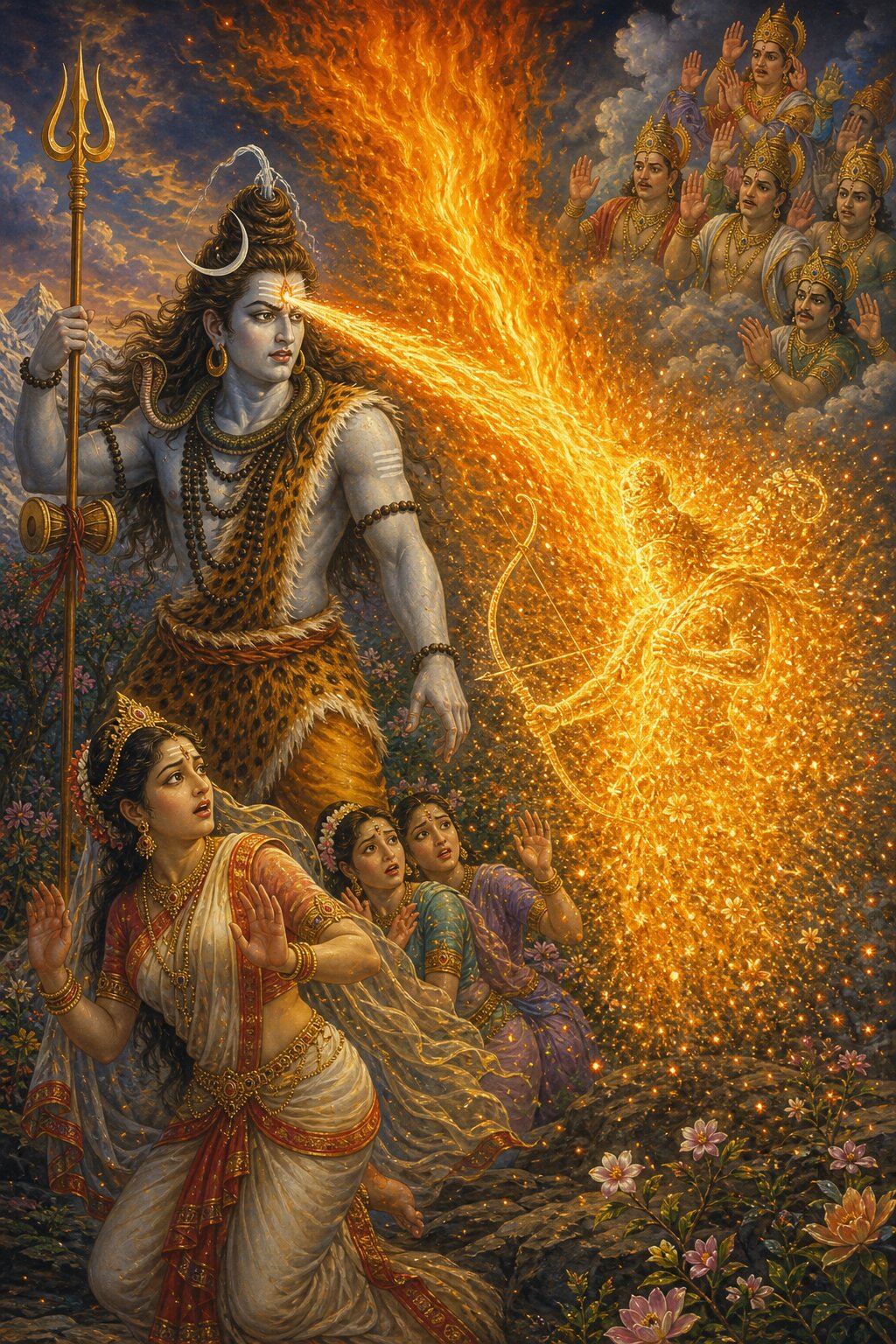 Fire bursting from Shiva's third eye burns Kamadeva to ash, while a terrified Parvati and her companions draw back.