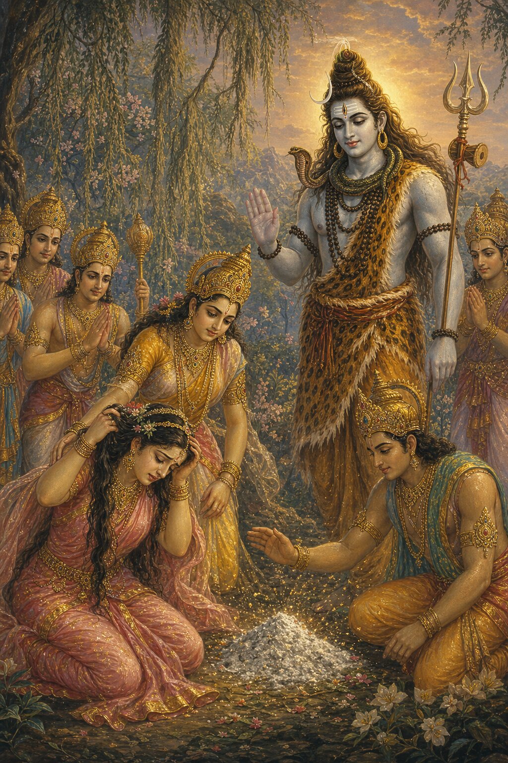 As Rati laments over the ashes of Kamadeva, a goddess consoles her, and Shiva, in the gesture of fearlessness, gives his word to restore Kama to life.