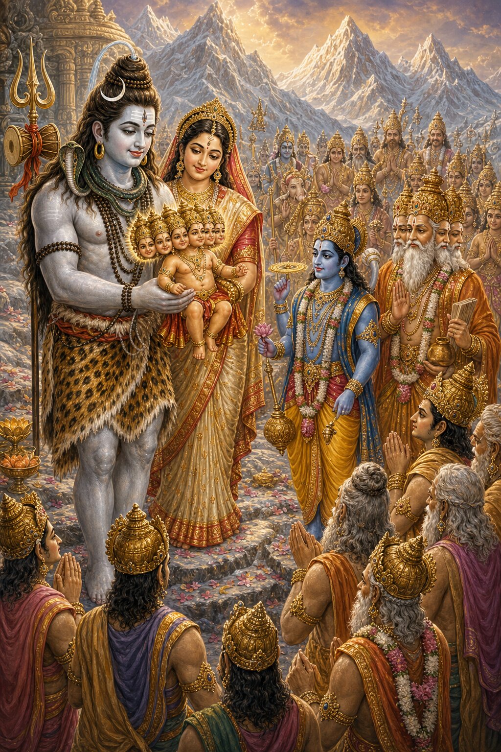 Shiva hands the six-faced Kartikeya over to the gods for the slaying of Taraka, with Parvati beside him and Vishnu and the other gods standing with folded hands.