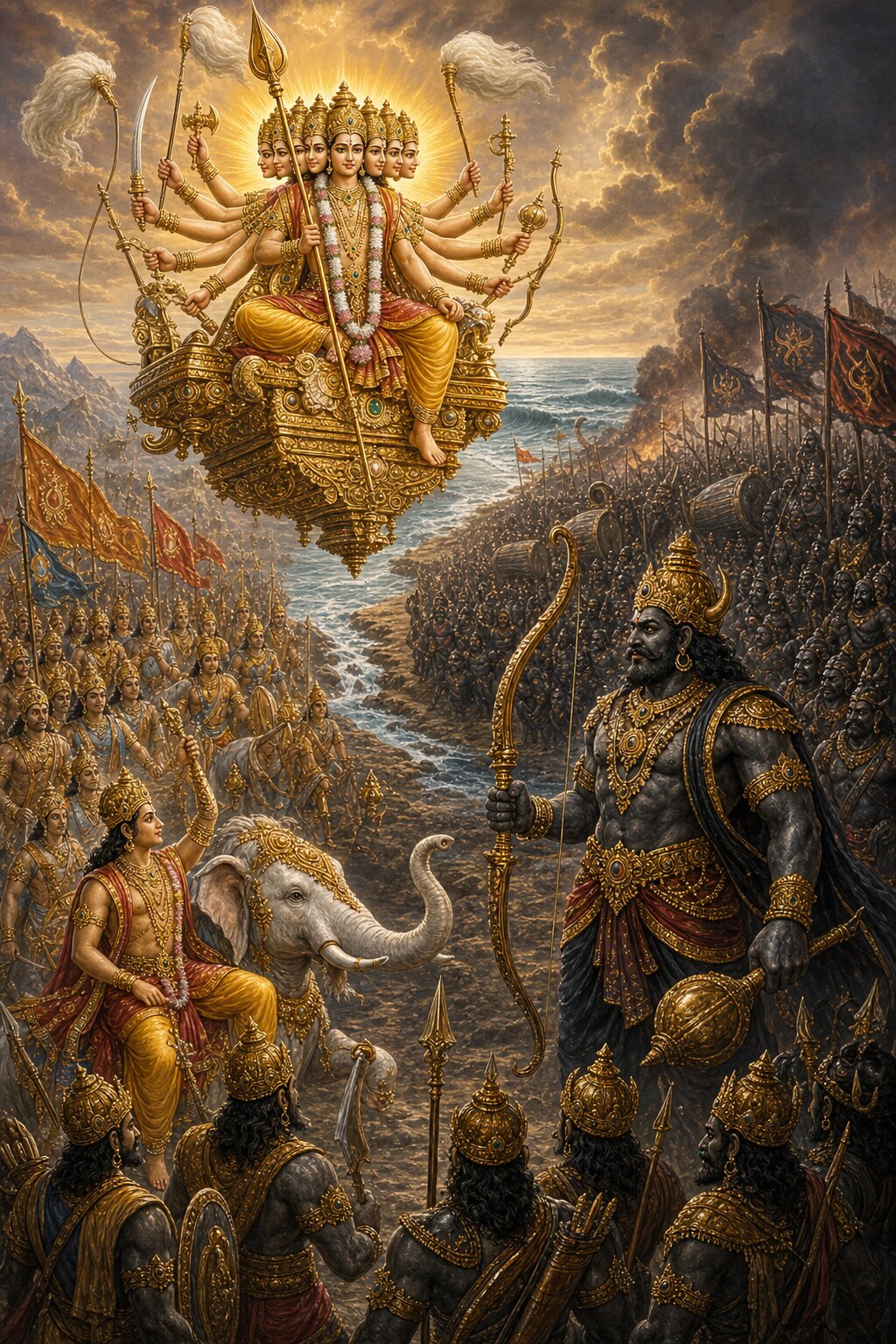 At the confluence of the Mahi and the sea, the six-faced Kartikeya is seated on a golden sky-chariot, while facing the army of the gods stands Tarakasura, armed with bow and mace, with his asura army.