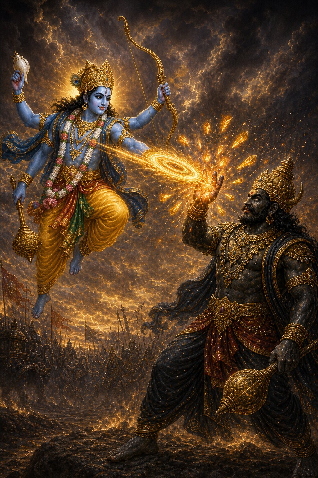 Lord Vishnu looses his blazing Sudarshana discus at Tarakasura, but the powerful daitya breaks it to pieces with his hand.