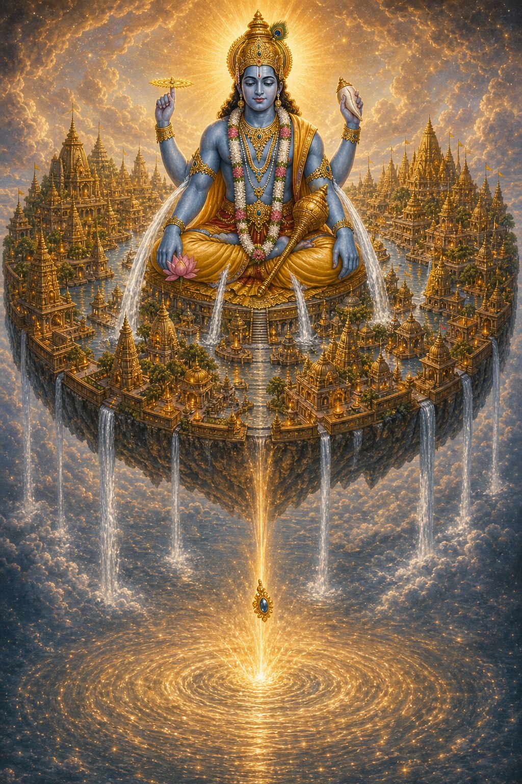 Four-armed blue Srihari sits absorbed in deep meditation amid a radiant temple-city floating in the sky; streams of white water pour from his body and fill the empty heavens, and a glittering jewel falls below to reveal the sacred pool of Manikarnika.