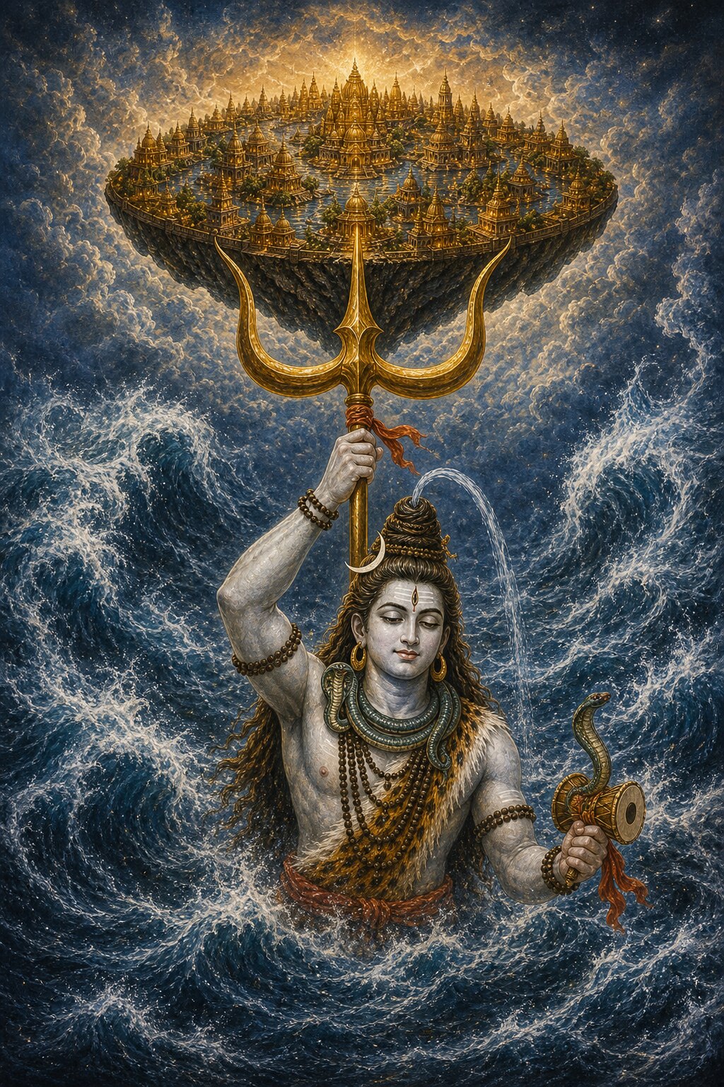 Ash-pale Mahadeva rises above the waves of a blue ocean, lifting the whole golden five-kos city upon his trident and holding a damaru drum in his other hand.