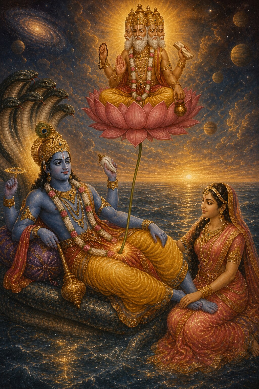 Blue Srihari reclines upon the coiled serpent Shesha, golden Prakriti seated beside him, and upon the lotus risen from his navel the four-faced Brahma sits in the posture of fashioning creation.