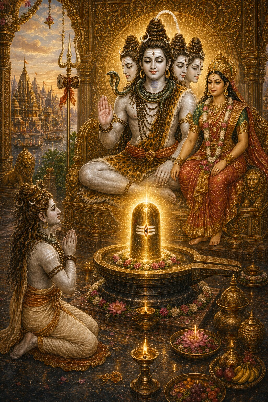 Five-faced Vishvanath Shiva sits enthroned, golden Uma beside him, a radiant jyotirlinga blazing before them, and the ascetic Avimukteshvara kneels with folded hands in prayer.