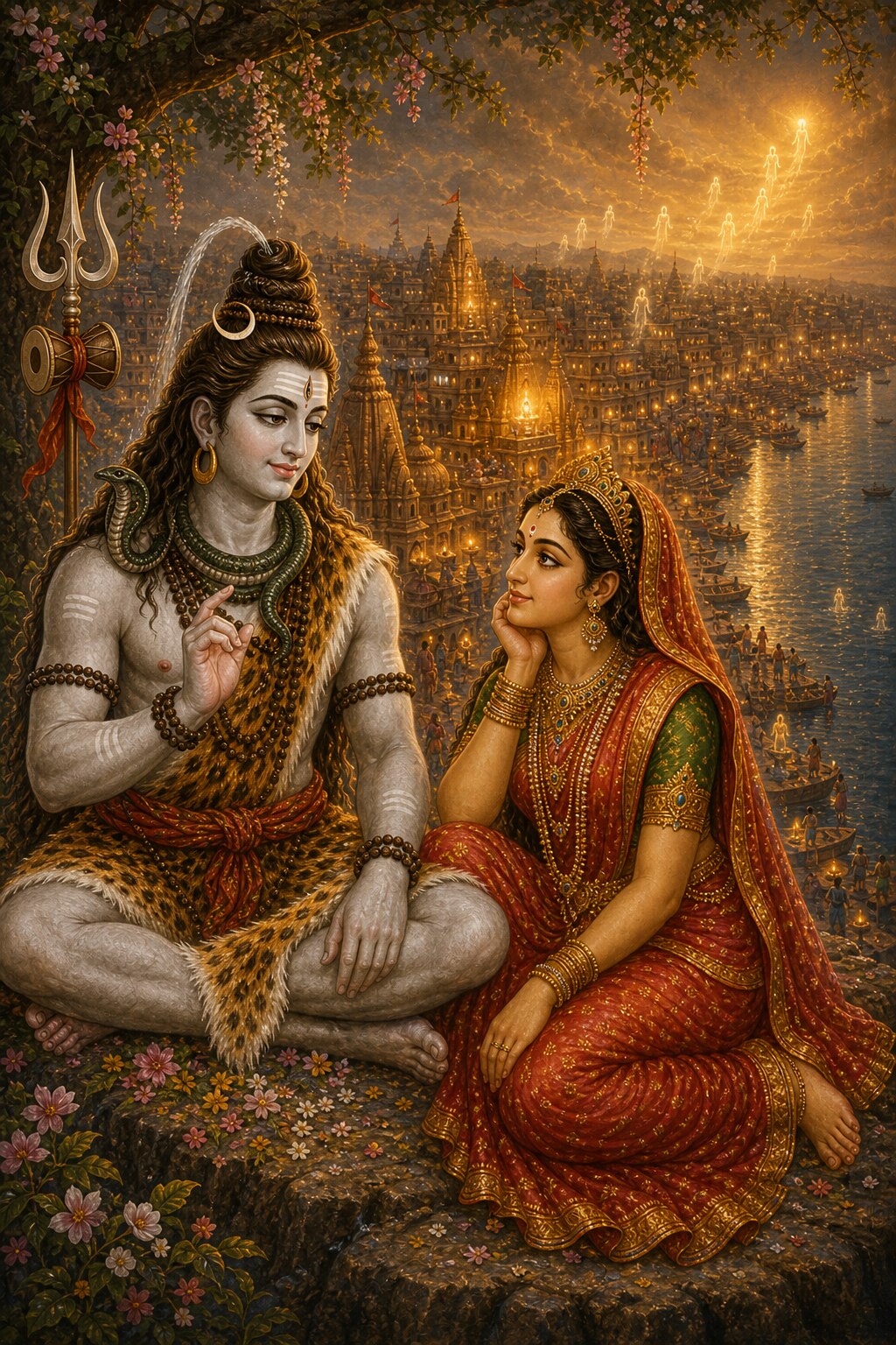 Ash-pale Shiva turns toward golden Uma to tell her the secret of Kashi; behind them Kashi glows on the bank of the Ganga, crowded with ghats and temples, and luminous souls rise upward through the sky toward liberation.
